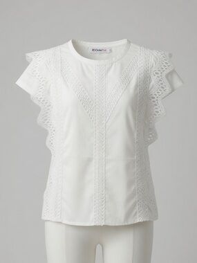 Order Plus White Lace-Trim Flutter Sleeve Blouse